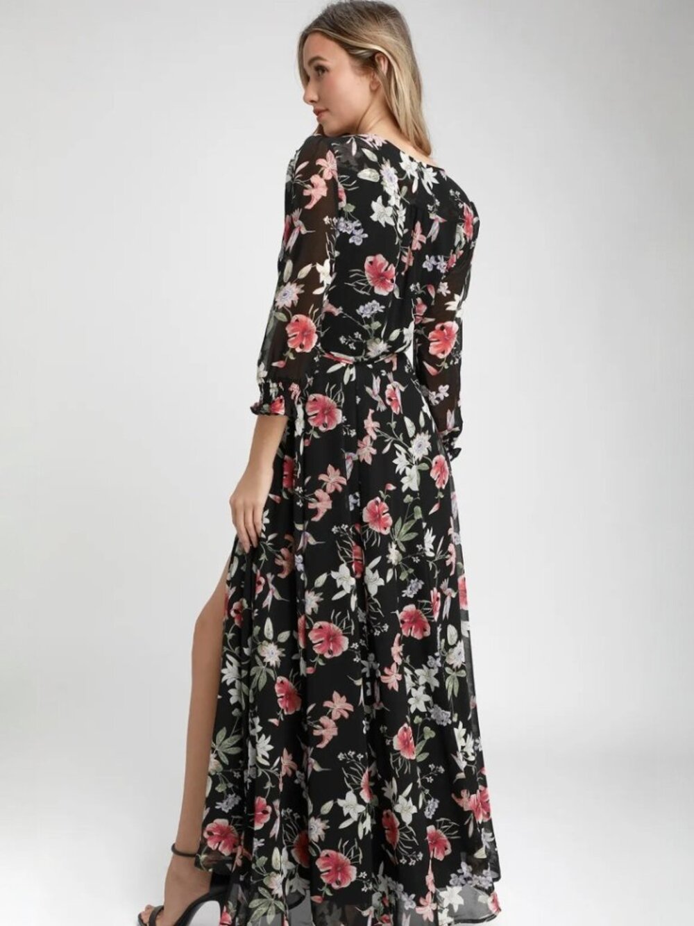 Lulus Awakened Black Floral Print Chiffon Maxi Wrap Dress NWT - Picture 2 of 8